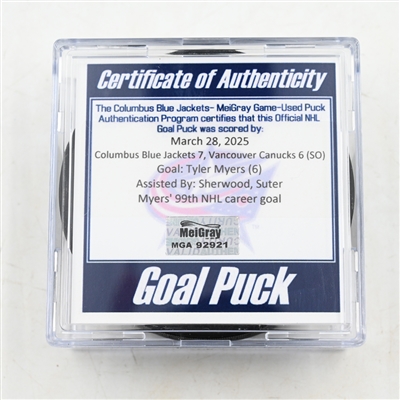 Tyler Myers - Vancouver Canucks - Goal Puck - March 28, 2025 vs. Columbus Blue Jackets (Blue Jackets Logo)