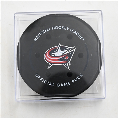 Tyler Myers - Vancouver Canucks - Goal Puck - March 28, 2025 vs. Columbus Blue Jackets (Blue Jackets Logo)