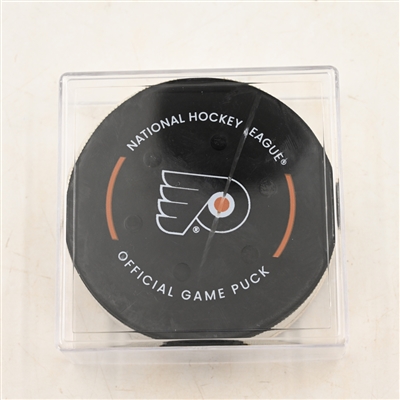 Alex Newhook - Montreal Canadiens - Goal Puck - March 27, 2025 vs. Philadelphia Flyers (Flyers Logo)