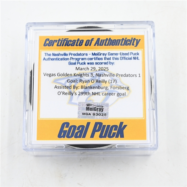 Ryan OReilly - Nashville Predators - Goal Puck - March 29, 2025 vs. Vegas Golden Knights (Predators Logo)