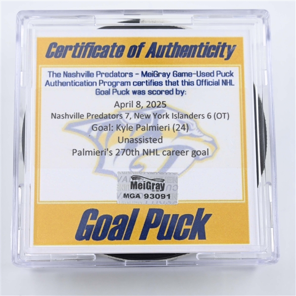 Kyle Palmieri - New York Islanders - Goal Puck - April 8, 2025 vs. Nashville Predators (Predators Logo)