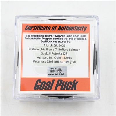 JJ Peterka - Buffalo Sabres - Goal Puck - March 29, 2025 vs. Philadelphia Flyers (Flyers Logo)