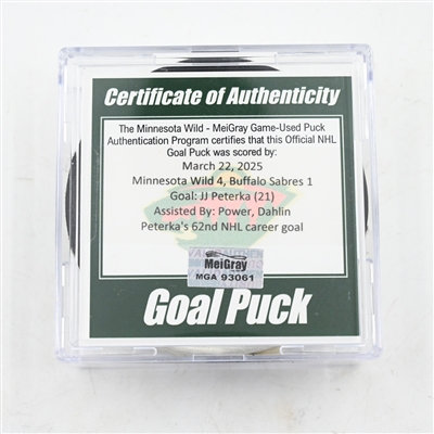 JJ Peterka - Buffalo Sabres - Goal Puck - March 22, 2025 vs. Minnesota Wild (Wild Logo)