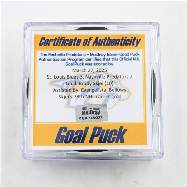 Brady Skjei - Nashville Predators - Goal Puck - March 27, 2025 vs. St. Louis Blues (Predators Logo)