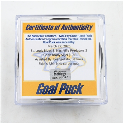 Brady Skjei - Nashville Predators - Goal Puck - March 27, 2025 vs. St. Louis Blues (Predators Logo)
