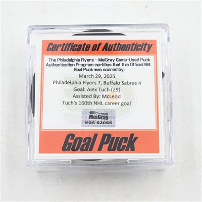 Alex Tuch - Buffalo Sabres - Goal Puck - March 29, 2025 vs. Philadelphia Flyers (Flyers Logo)