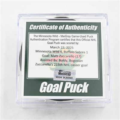 Mats Zuccarello - Minnesota Wild - Goal Puck - March 22, 2025 vs. Buffalo Sabres (Wild Logo)